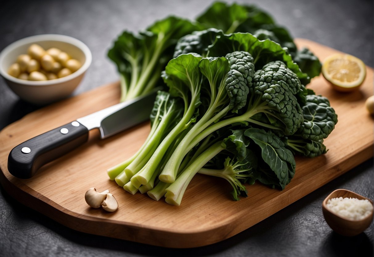 Chinese broccoli and mushrooms arranged on a cutting board with a knife and ingredients in the background