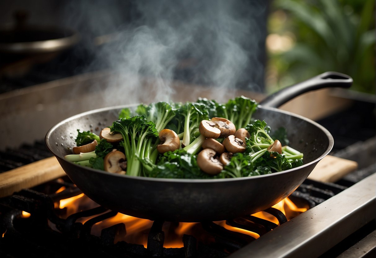 Chinese broccoli and mushrooms sizzling in a hot wok, surrounded by aromatic garlic and ginger. Steam rising as the ingredients are tossed and stir-fried together