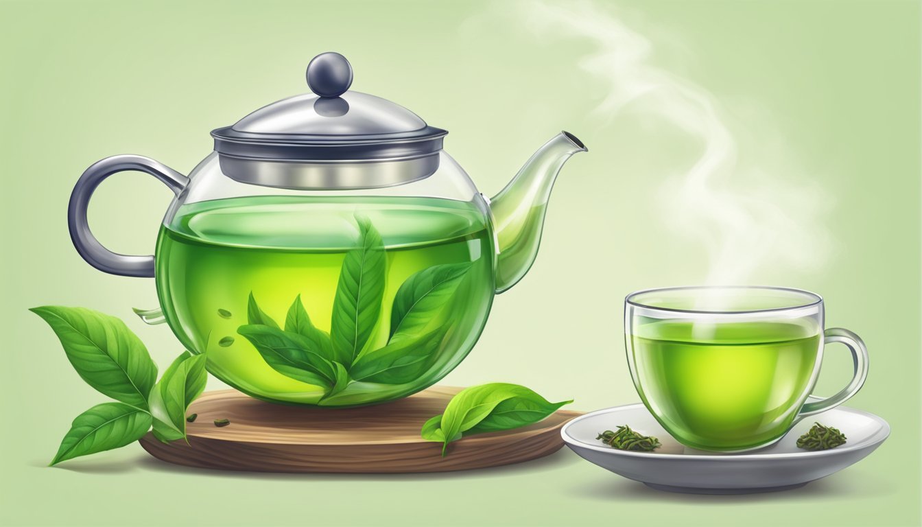 Green tea leaves pour from a vibrant package into a teapot. A steaming cup sits nearby, inviting relaxation and wellness