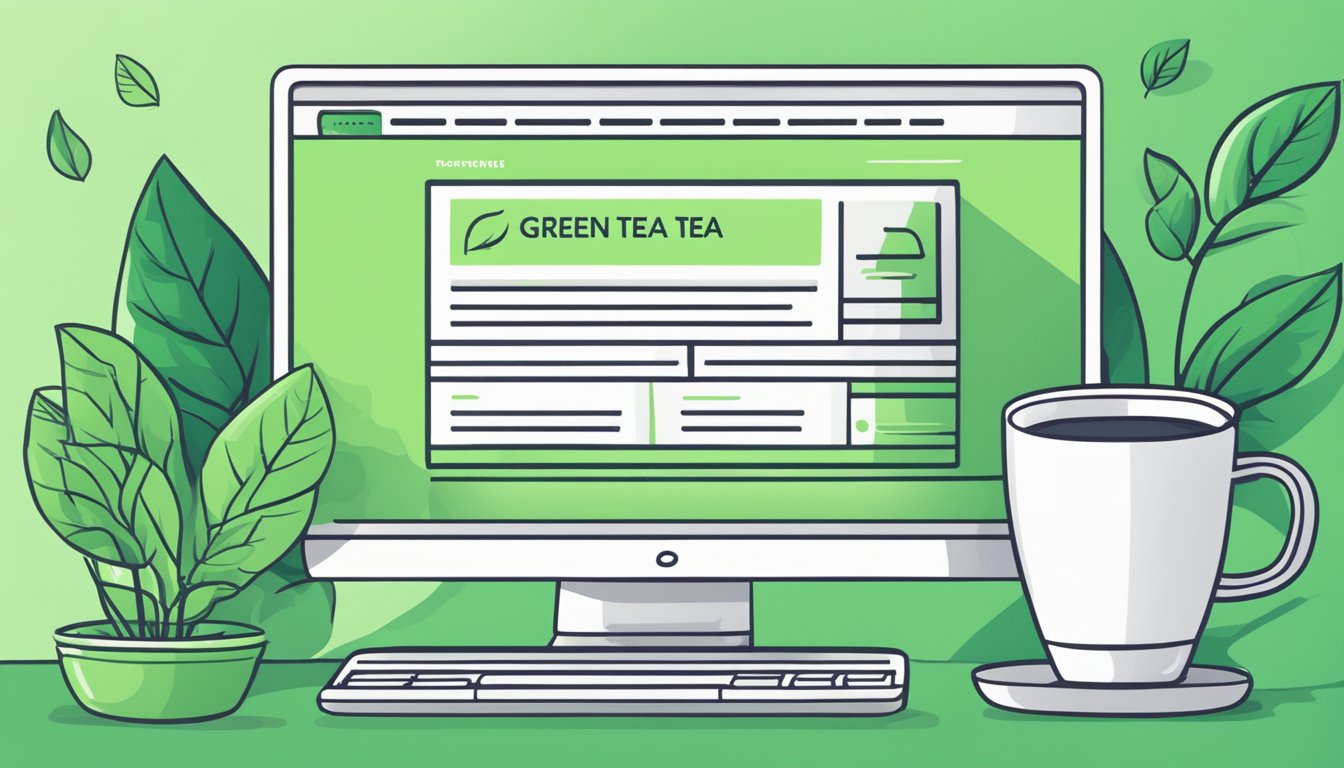 A computer screen displaying a webpage with the title "Frequently Asked Questions buy green tea leaves online" surrounded by green tea leaves and a cup of tea