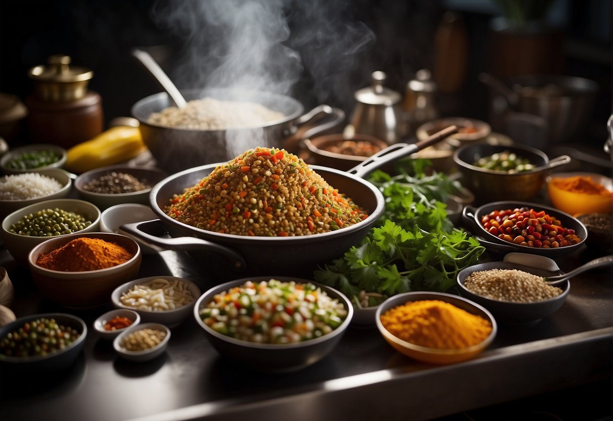 Various spices, herbs, and sauces arranged neatly on a kitchen counter, alongside cooking utensils and a wok. Steam rises from a sizzling stir-fry dish on the stove