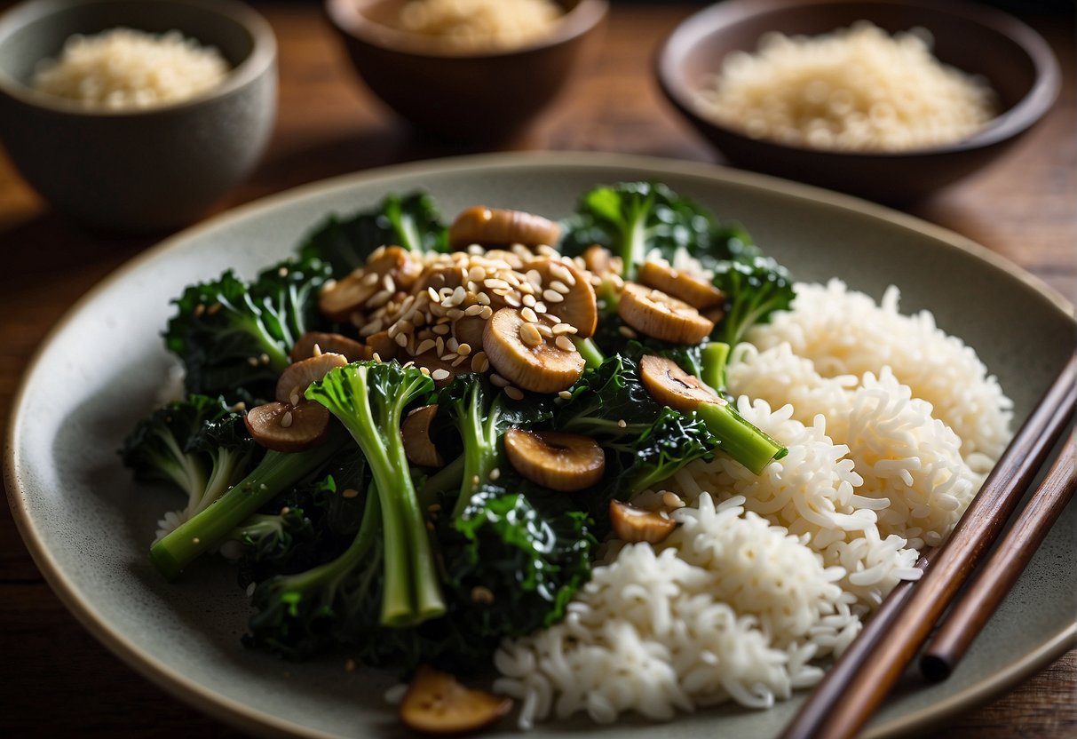 A plate of Chinese broccoli and mushroom stir-fry, garnished with sesame seeds and served on a wooden table with chopsticks and a bowl of rice on the side