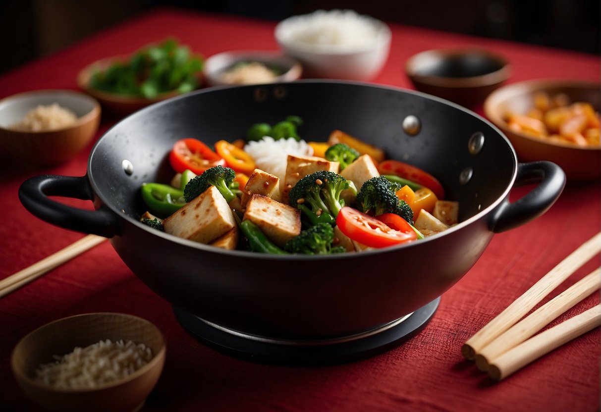 A wok sizzles with stir-fried veggies and tofu. A pot of steaming rice sits nearby. Chopsticks rest on a vibrant red tablecloth