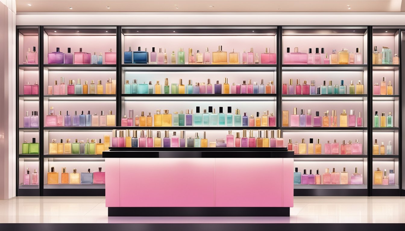 A vibrant display of perfume bottles on sleek shelves in a chic Singaporean boutique. Bright lighting and elegant signage draw in customers