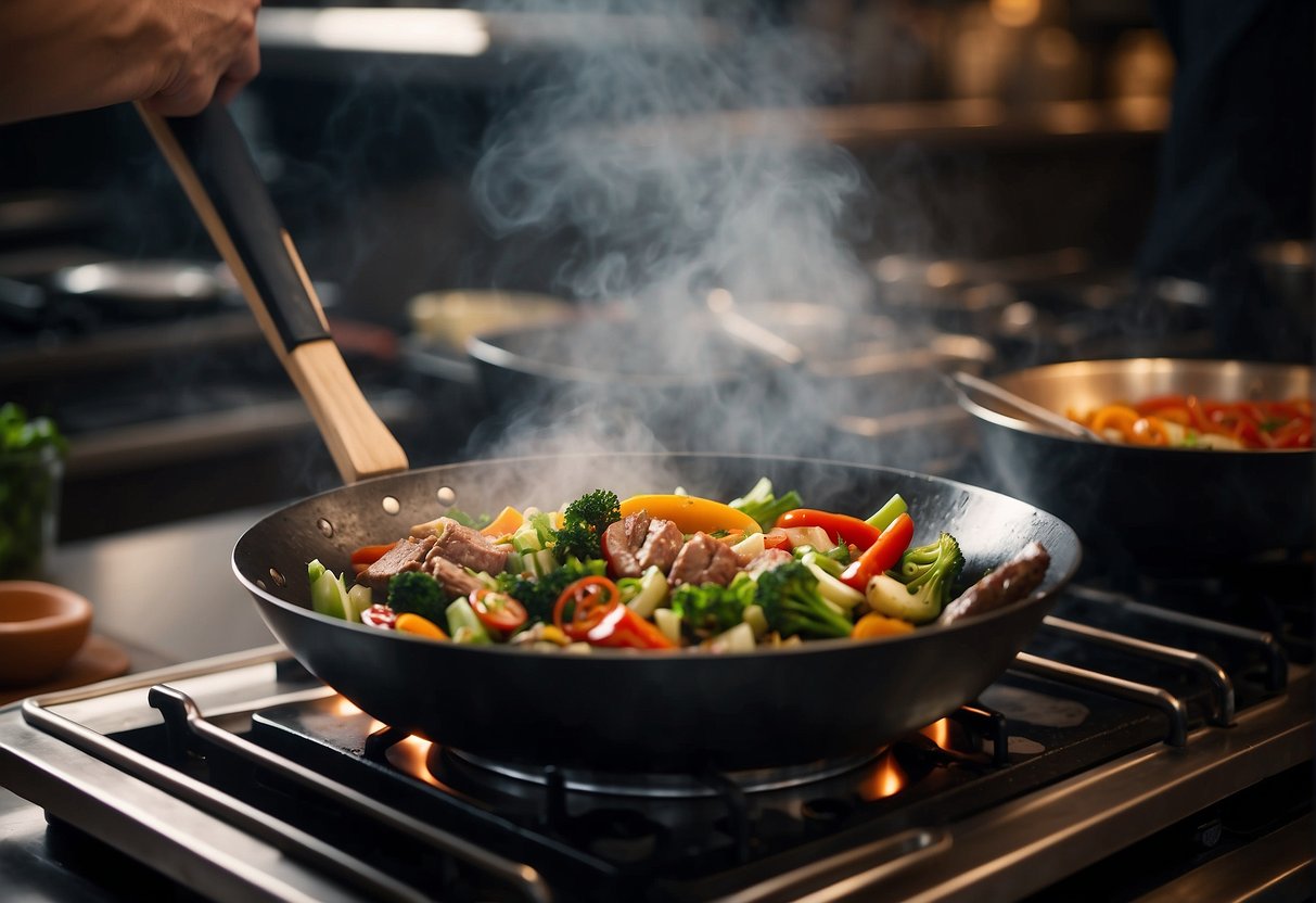 A wok sizzles with stir-fried veggies and meat. Steam rises as sauces are added, creating a fragrant aroma. Rice cooks in a pot nearby
