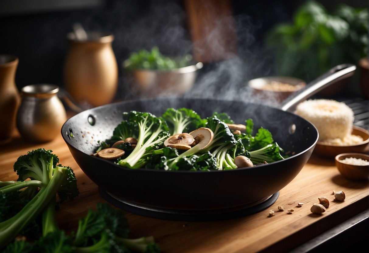 Chinese broccoli and mushrooms sizzling in a hot wok, steam rising, surrounded by various ingredients and utensils on a kitchen counter