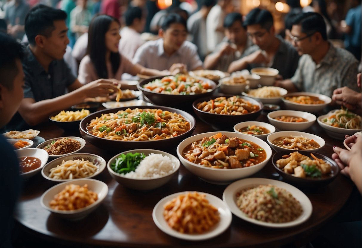 A table filled with various Chinese dishes, surrounded by a large group of people enjoying the food