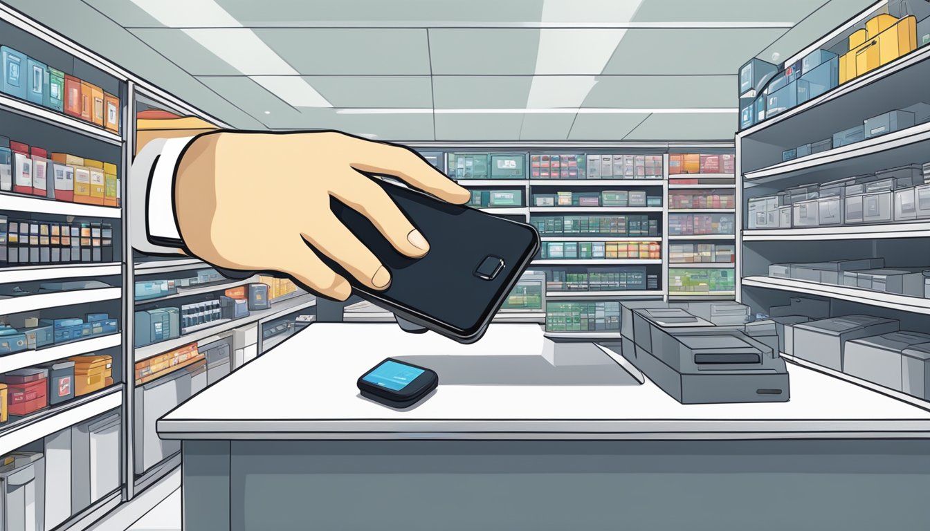 A hand reaching for a smartphone in a Singaporean electronics store