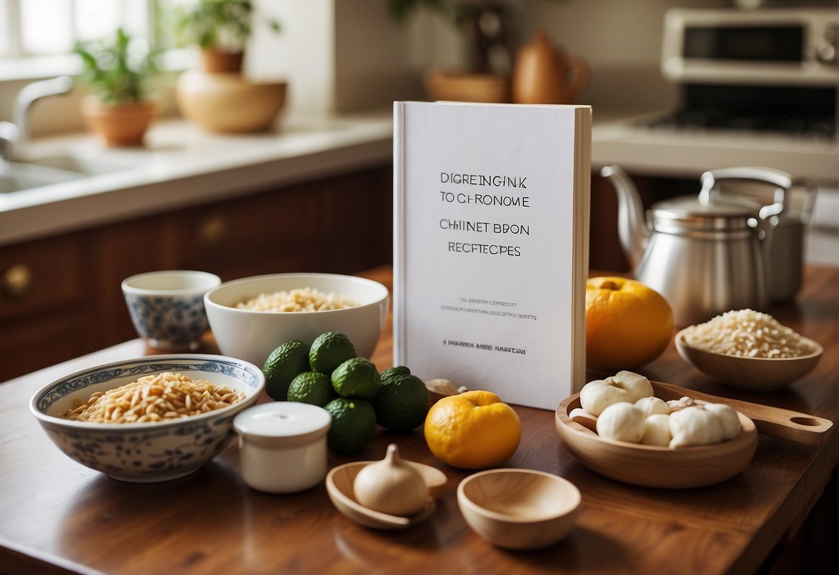 A kitchen counter with various Chinese ingredients and cooking utensils laid out, with a recipe book open to a page titled "Frequently Asked Questions easy chinese recipes to make at home."