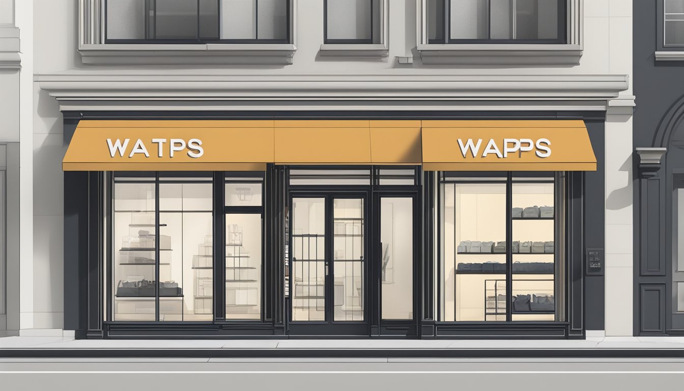 A clean, minimalist storefront with bold, block lettering of "wtaps" above the entrance. The exterior is simple yet striking, with a monochromatic color scheme
