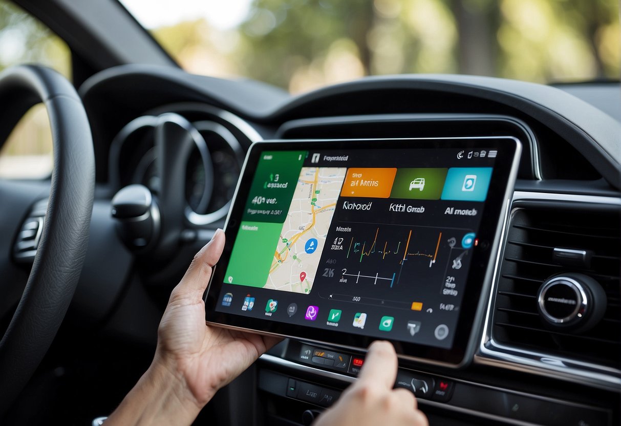 An iPad is connected to a car's dashboard, displaying the CarPlay interface. The screen shows various apps and functions accessible for use while driving