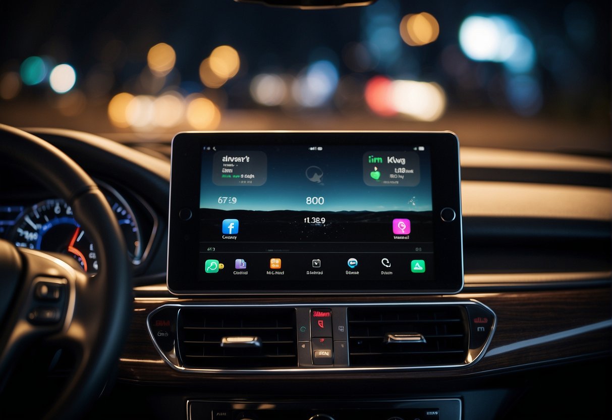 An iPad connected to a car dashboard displaying the CarPlay interface