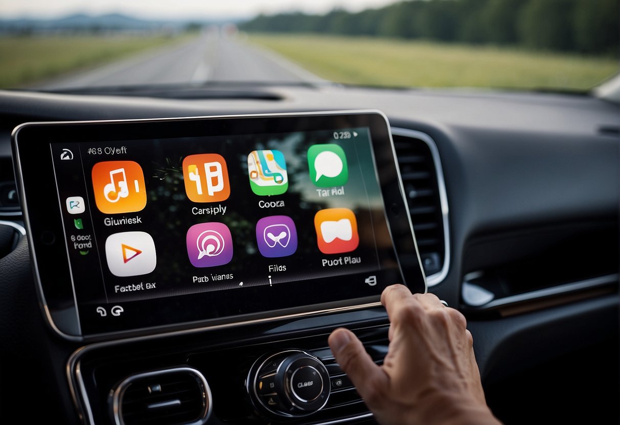 An iPad is connected to a CarPlay-compatible device in a car, displaying the CarPlay interface on the screen