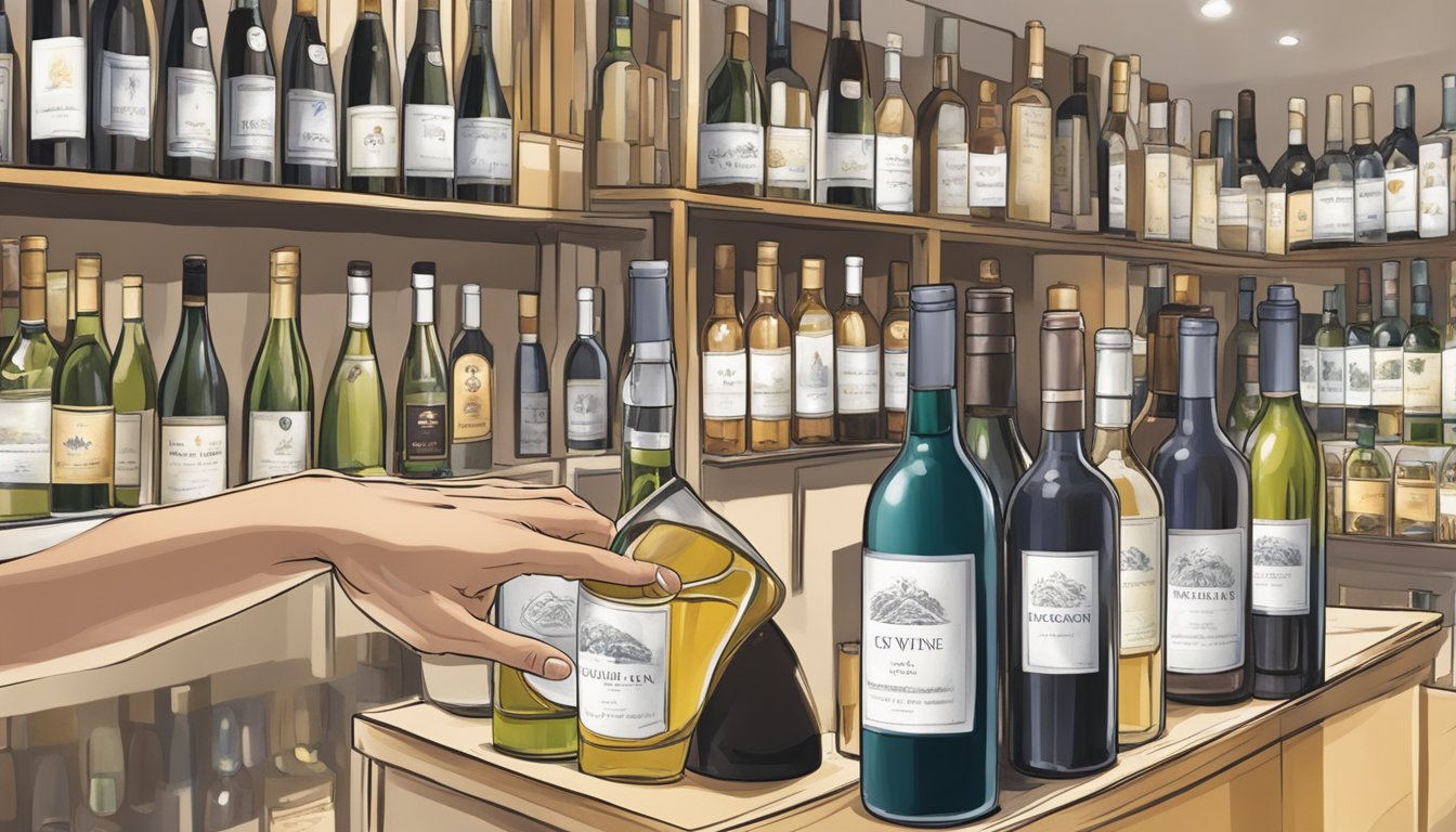 A hand reaches for a bottle of ice wine in a Singaporean wine shop