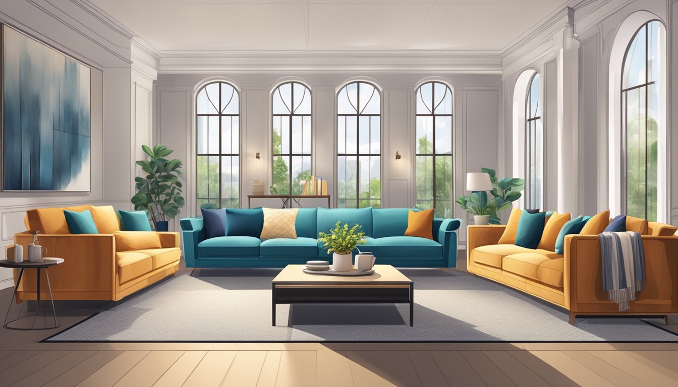 A bright and spacious furniture showroom with rows of stylish sofas in various colors and designs, accompanied by elegant coffee tables and decorative pillows