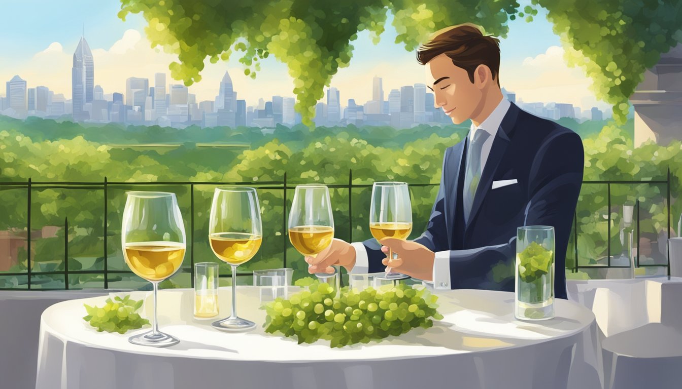 A table set with glasses of ice wine, surrounded by lush greenery and cityscape. A sommelier pours a golden liquid into a glass, as patrons observe with interest