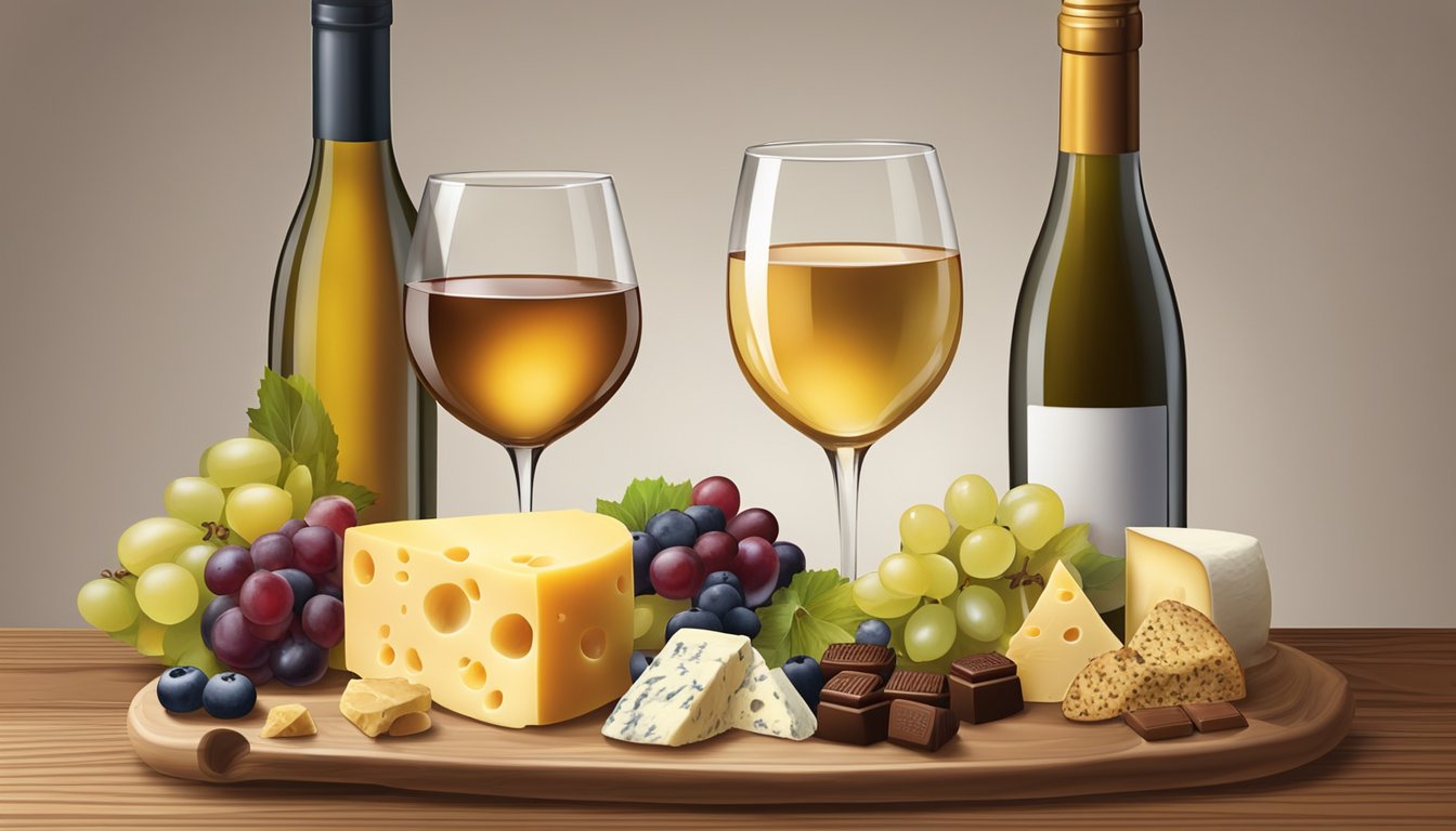 Two wine glasses filled with ice wine, surrounded by a selection of cheese, fruits, and chocolates on a wooden serving board