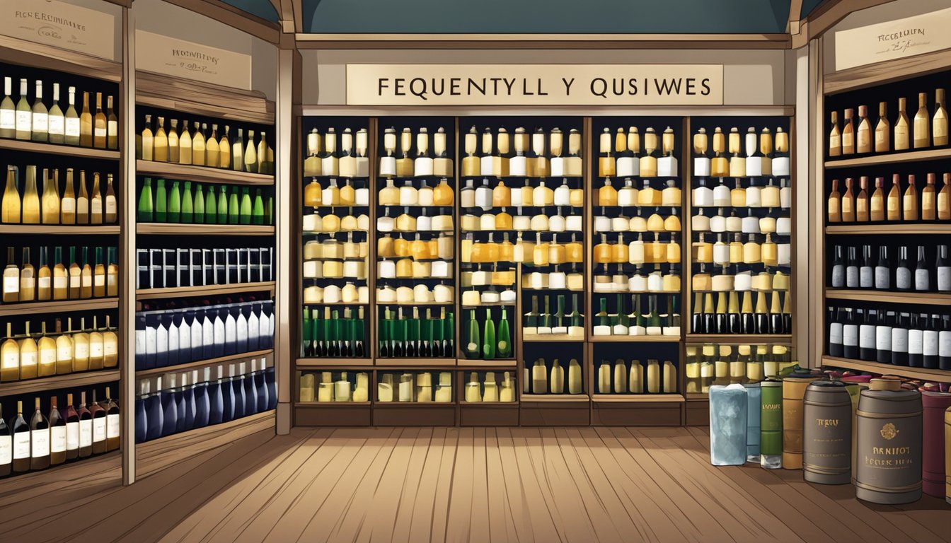 A display of ice wine bottles with a "Frequently Asked Questions" sign in a Singaporean wine shop