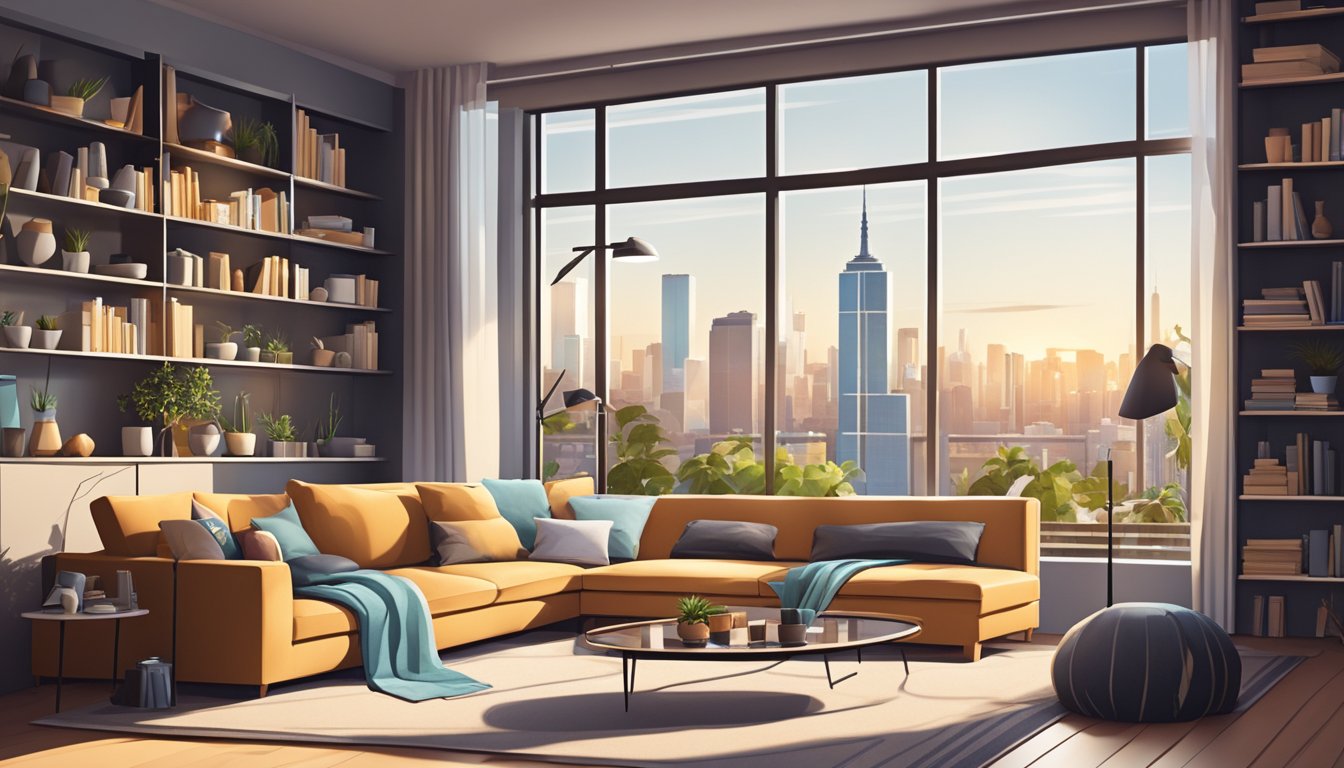 A cozy living room with a modern sofa, surrounded by shelves of home decor and a large window overlooking the city skyline