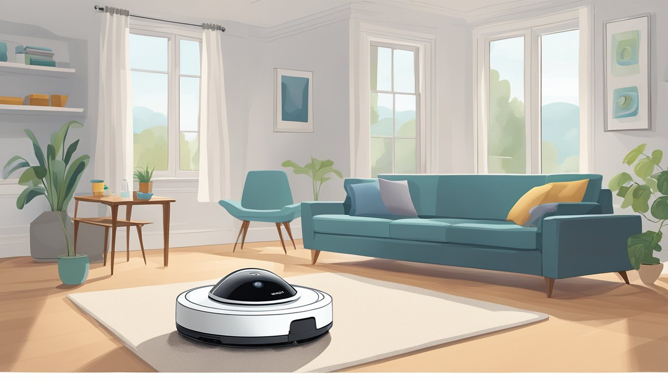 An iRobot vacuum glides across a clean, modern living room, effortlessly picking up dust and debris. The sleek, white robot moves with precision and ease, leaving behind a trail of freshly vacuumed carpet