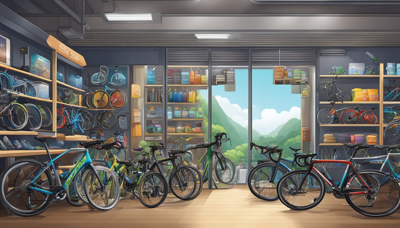 A bike shop in Singapore showcases a variety of bicycles, from sleek road bikes to sturdy mountain bikes, with colorful displays and informative signs