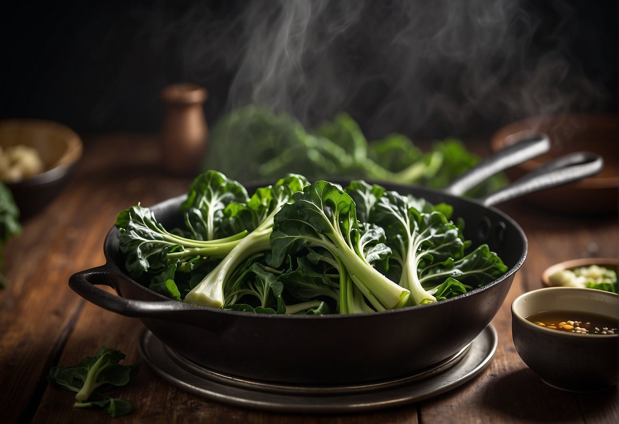 Fresh Chinese broccoli sizzling in a hot pan, drizzled with savory soy sauce