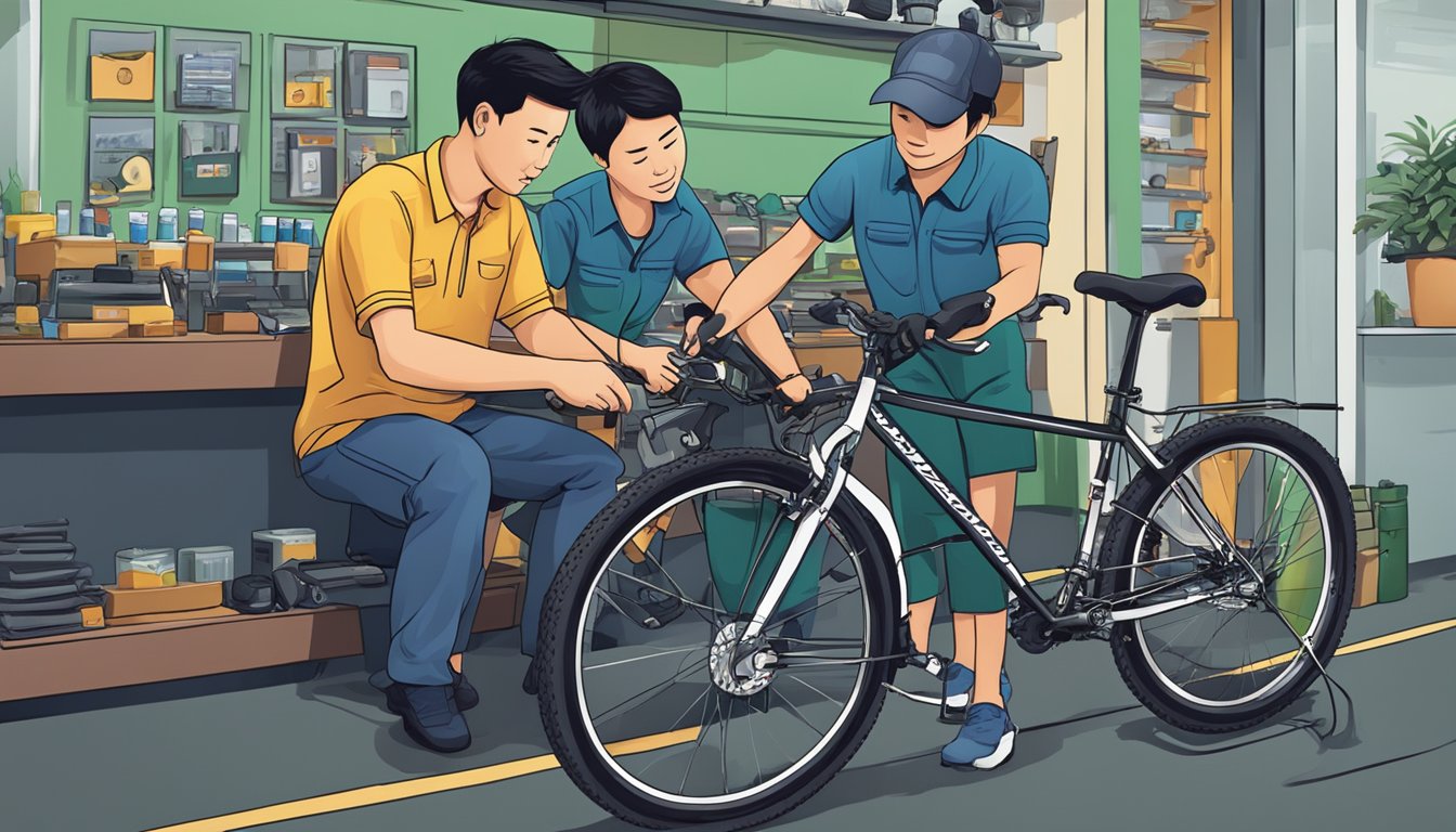 A customer service representative assists a customer with bicycle maintenance and repair at a shop in Singapore