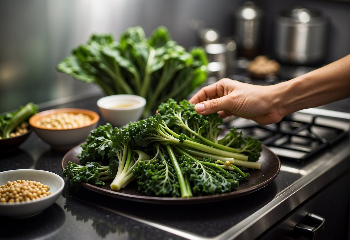 A hand reaches for Chinese broccoli and soy sauce on a kitchen counter