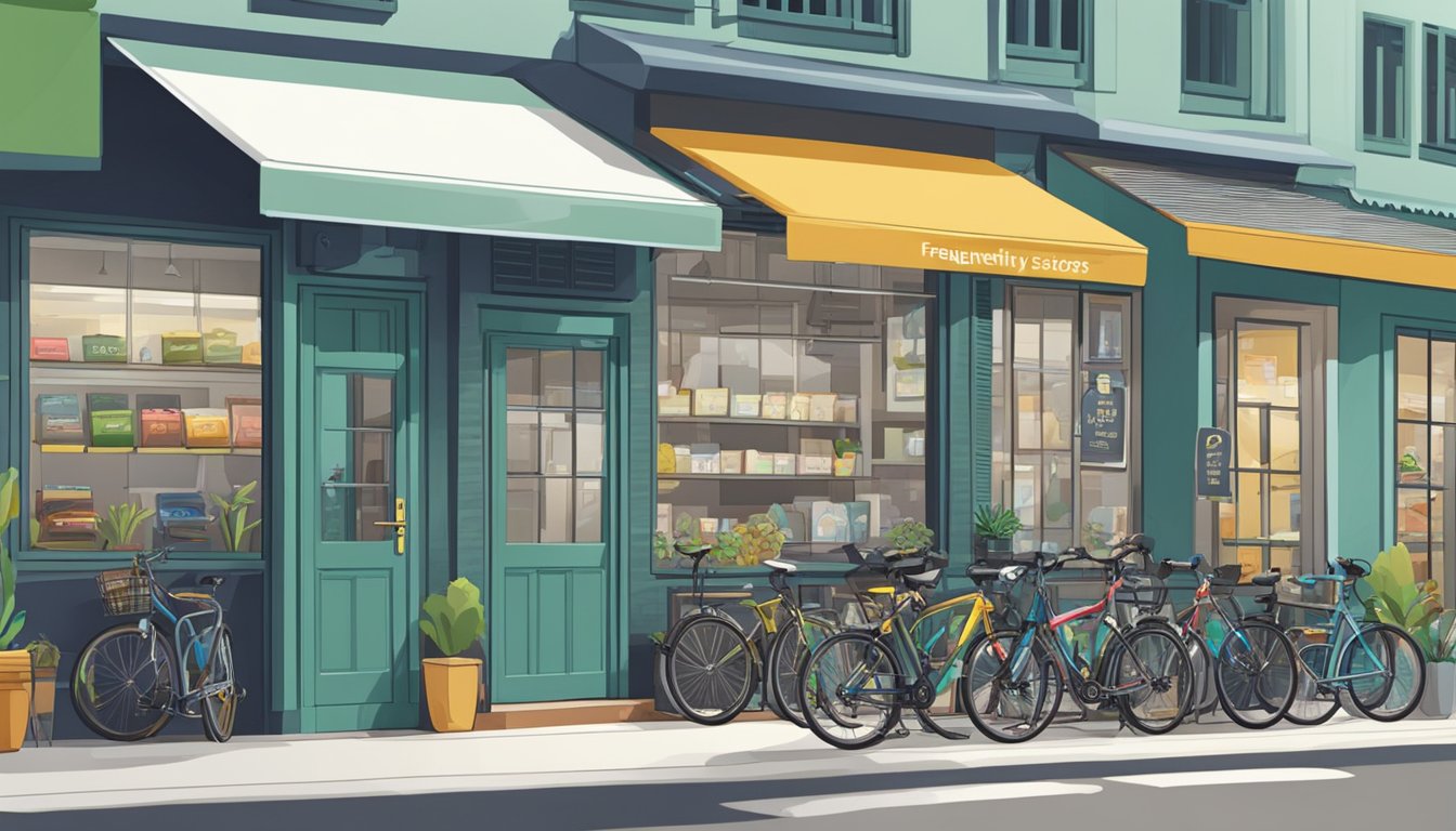 A bicycle shop with a sign "Frequently Asked Questions" in Singapore. Customers browsing bikes and talking to staff