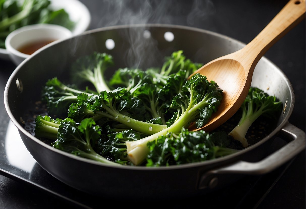Chinese broccoli sizzling in a hot pan with soy sauce drizzling over it