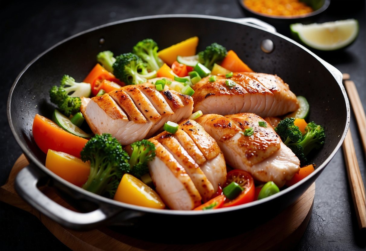 Sliced chicken breast sizzling in a wok with colorful vegetables, garlic, and ginger. A steaming bowl of fragrant rice sits nearby