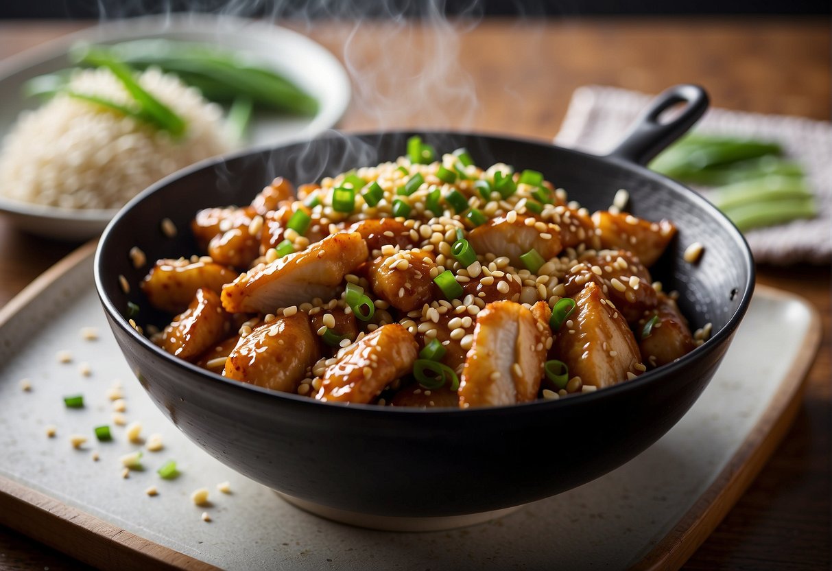 A wok sizzles with tender chicken, coated in a glossy, golden sesame sauce. Green onions and sesame seeds sprinkle over the dish
