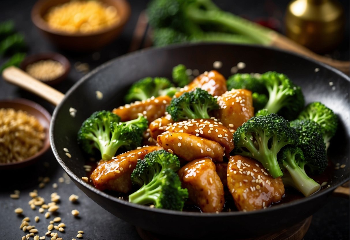 A sizzling wok with golden brown chicken pieces coated in a glossy sesame sauce, surrounded by vibrant green broccoli florets and white sesame seeds