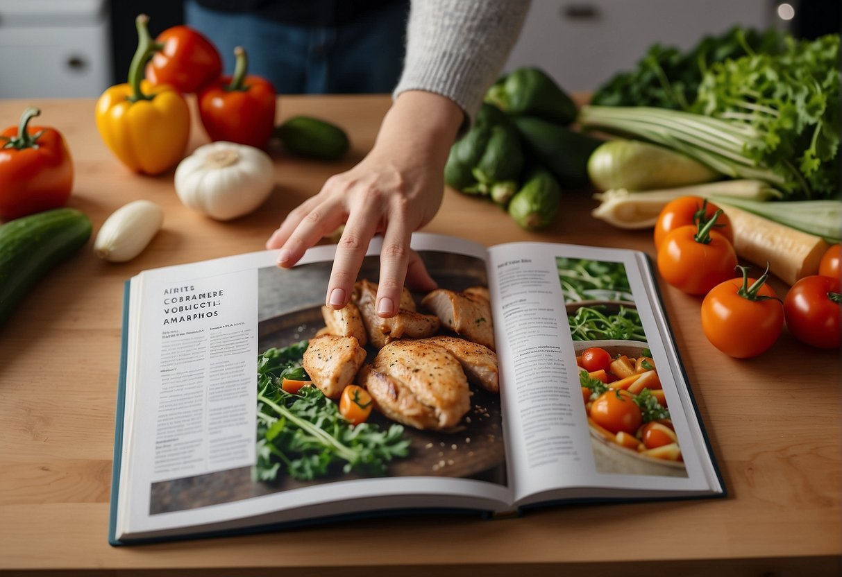 A hand reaches for fresh vegetables and chicken breast on a kitchen counter. A recipe book lies open nearby