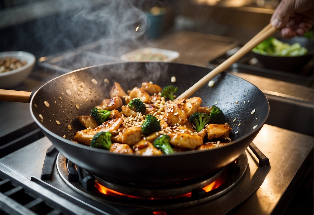 A wok sizzles as chicken pieces are stir-fried with sesame oil, soy sauce, and ginger. A sprinkle of sesame seeds adds a finishing touch