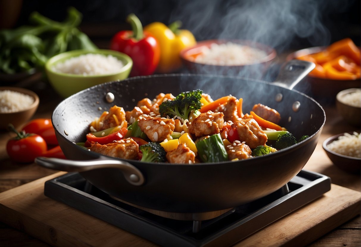 Sizzling sesame chicken stir-frying in a wok, surrounded by colorful vegetables and aromatic spices