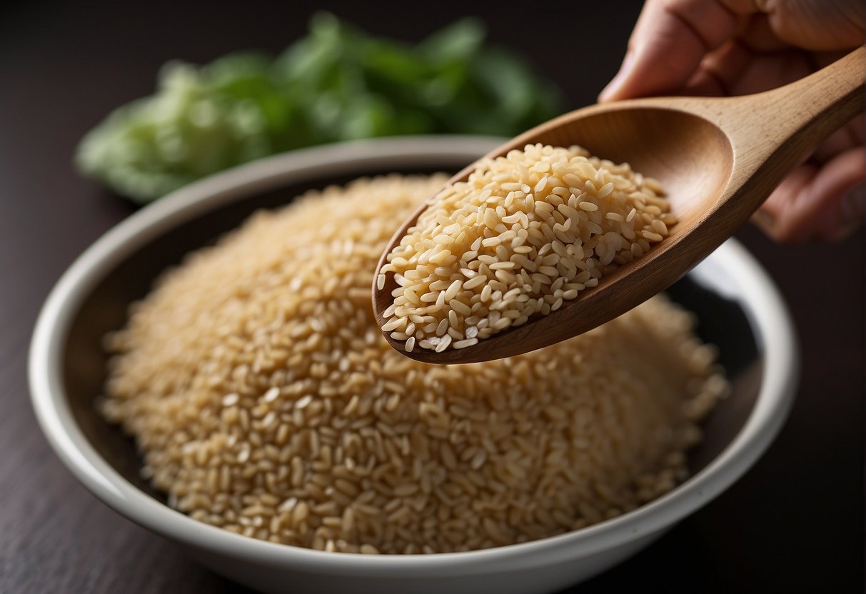 A bowl of sesame seeds, soy sauce, vinegar, sugar, and garlic are being mixed together to create the perfect sesame sauce for Chinese chicken