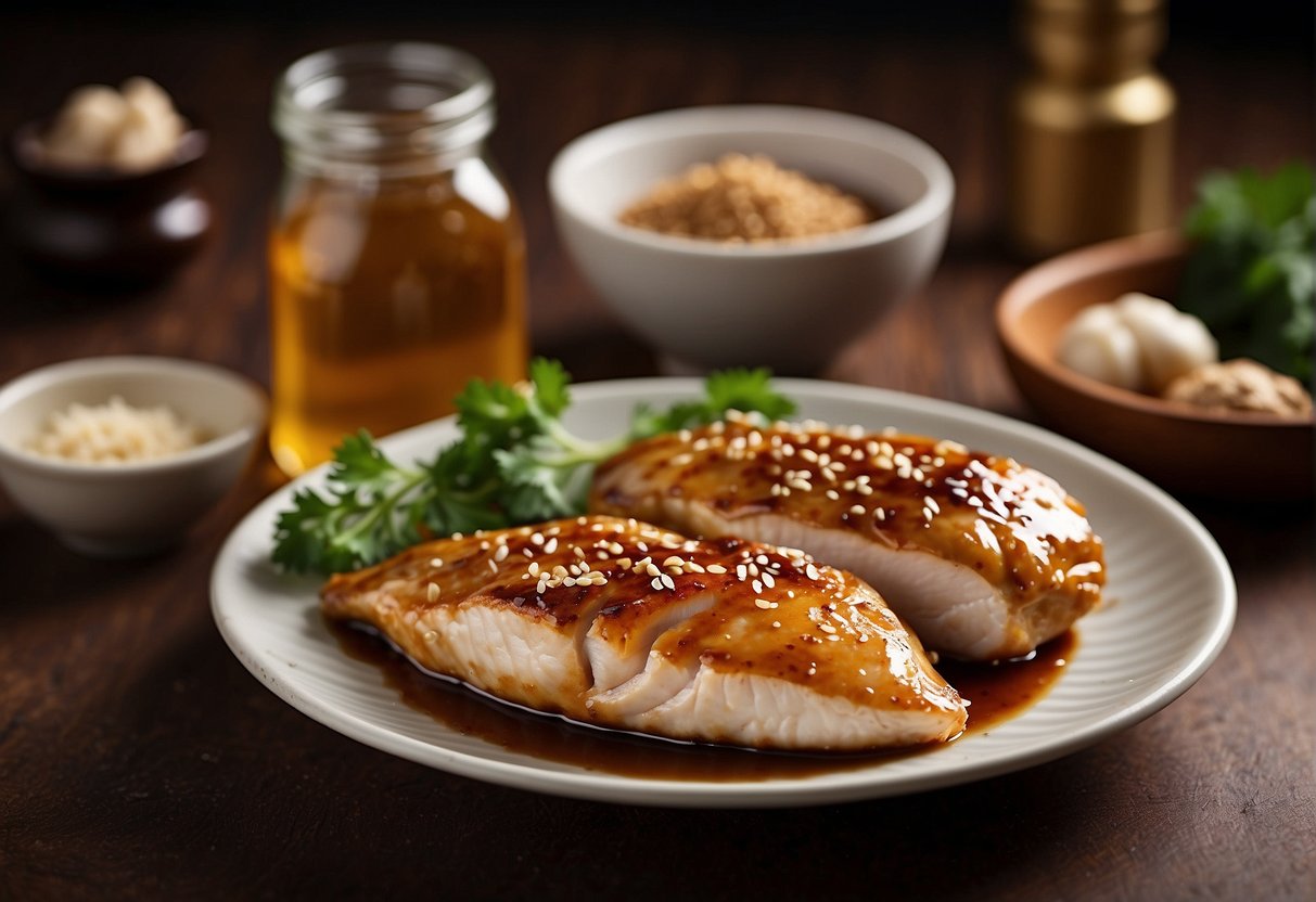 A chicken breast is being marinated in a blend of Chinese flavorings, with bottles of soy sauce, ginger, and garlic nearby