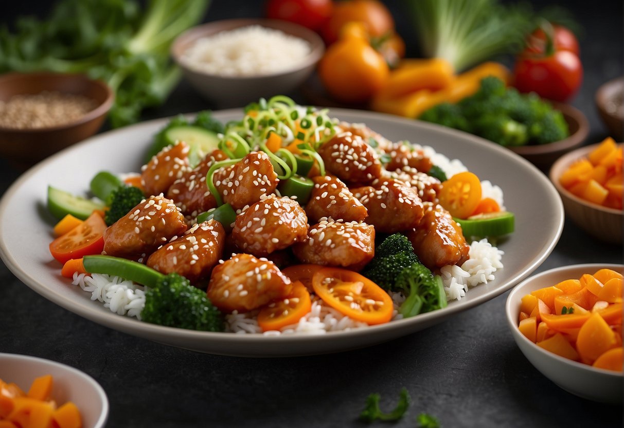 A plate of sesame chicken with green onions and sesame seeds, surrounded by colorful vegetables and garnishes