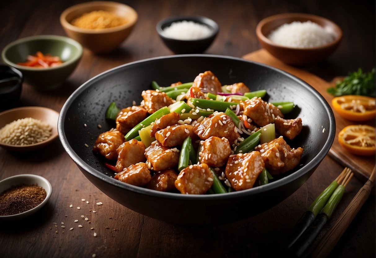 A wok sizzles with sesame chicken stir-fry. Ingredients like soy sauce, ginger, and honey sit nearby. Text reads "Frequently Asked Questions easy Chinese sesame chicken recipes."