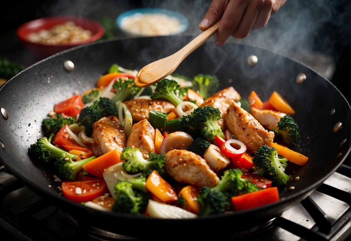 A sizzling chicken breast is being stir-fried in a wok with colorful vegetables, showcasing healthy Chinese cooking techniques