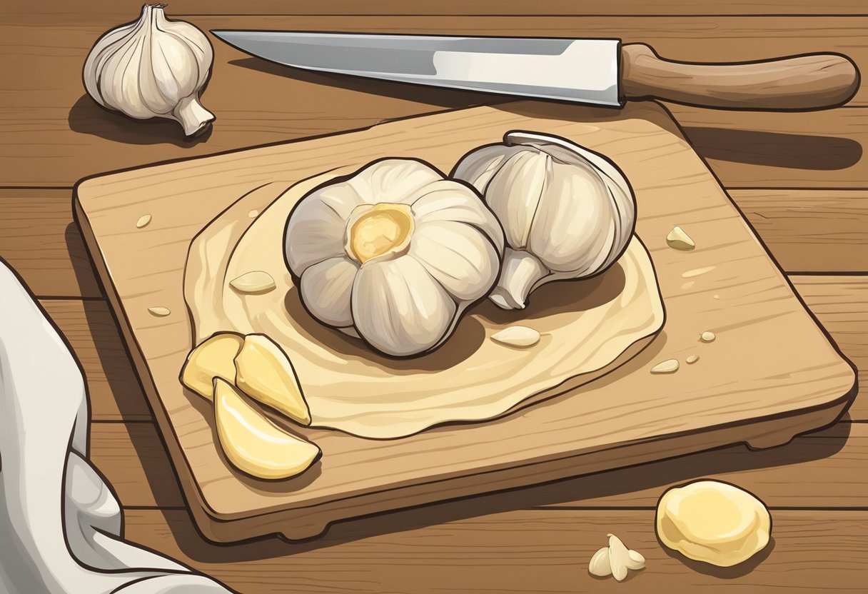 Garlic cloves and butter sit on a wooden cutting board next to a rolled-out flatbread dough. A knife is poised to chop the garlic, while a brush waits to spread the melted butter