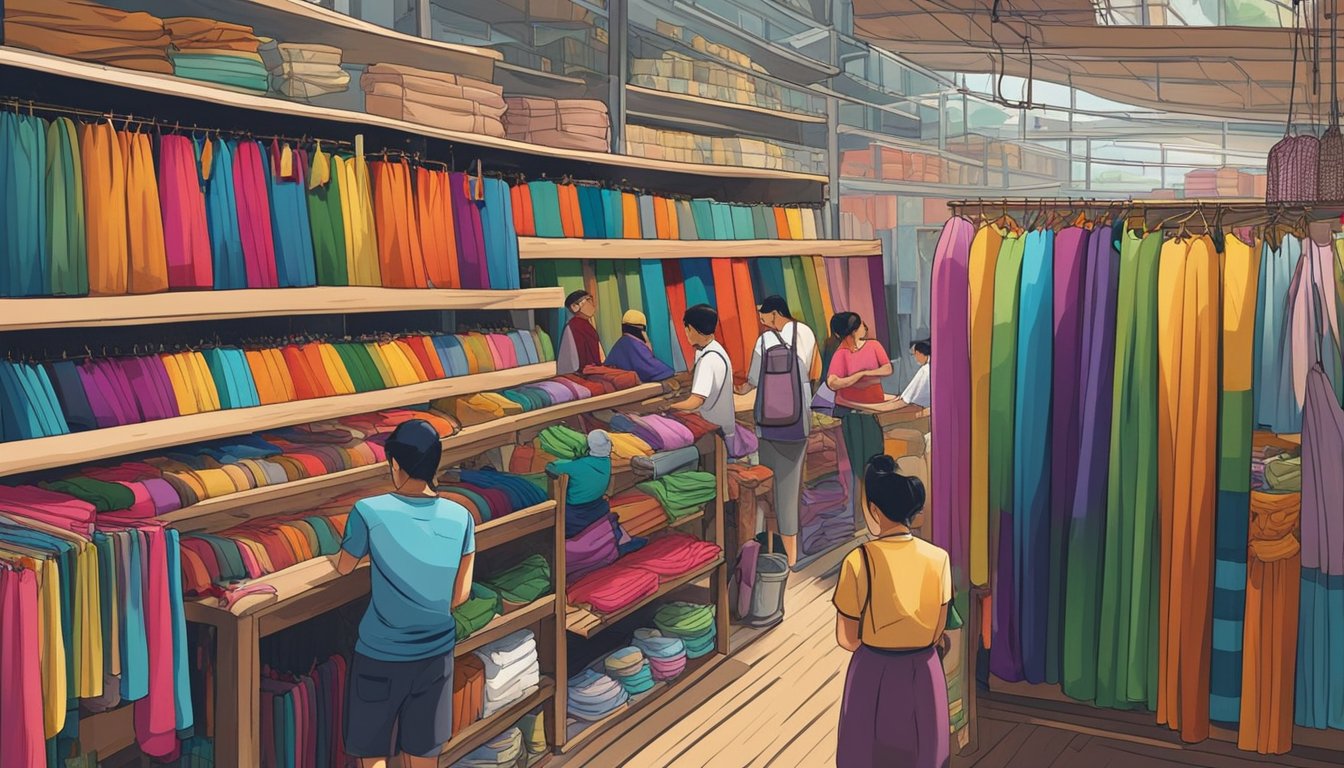 A bustling fabric market in Singapore, with colorful rolls of textiles stacked neatly on shelves and hanging from racks. Vendors chat with customers, while the air is filled with the sound of scissors cutting fabric