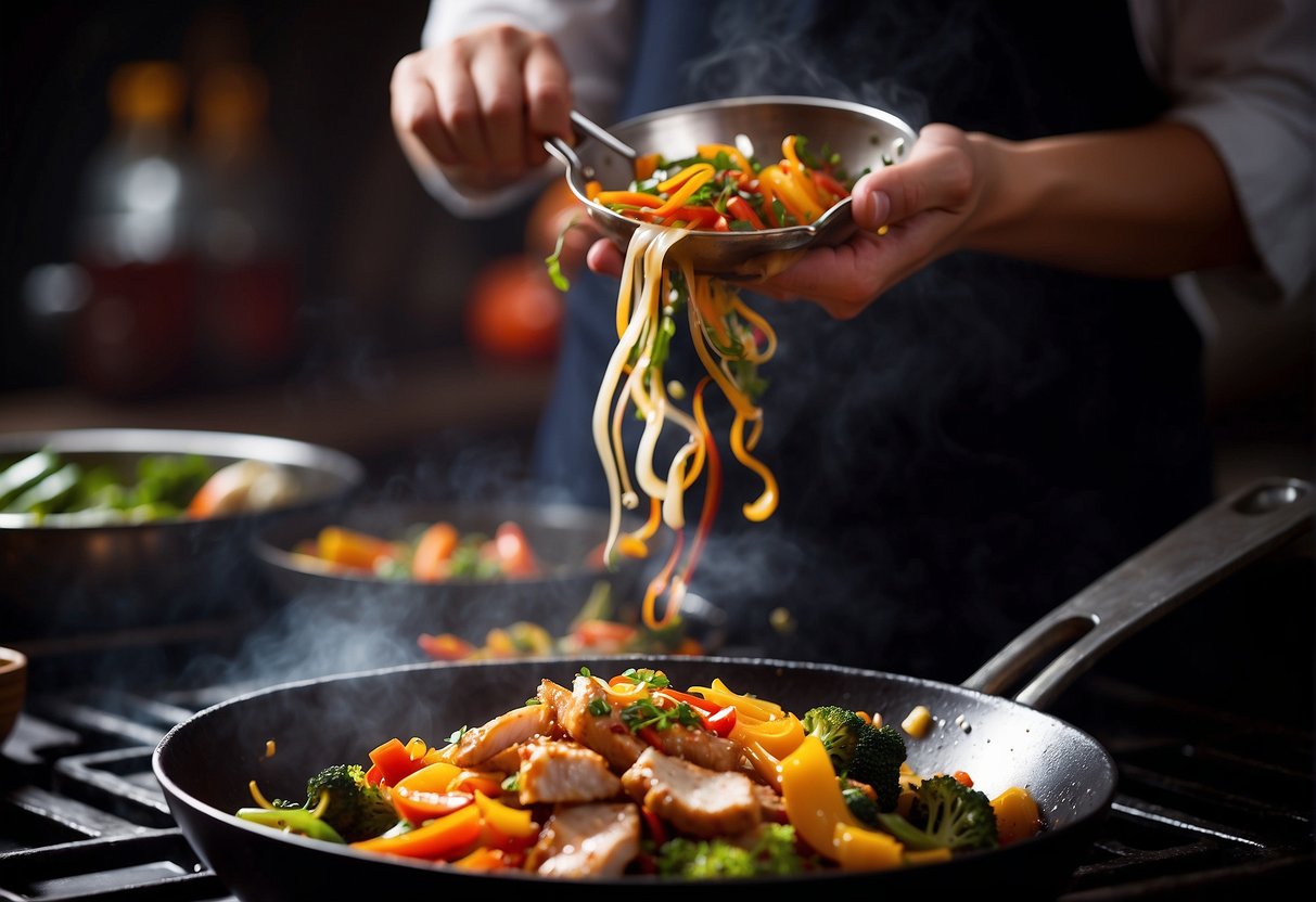 A sizzling wok with diced chicken breast, colorful vegetables, and aromatic spices. A chef's hand sprinkles soy sauce over the sizzling stir-fry