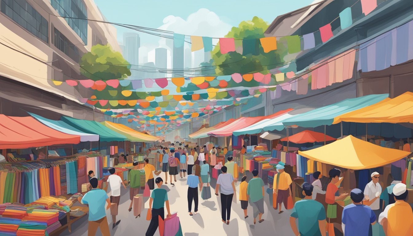 A bustling fabric market in Singapore, with colorful bolts of fabric stacked high, vendors chatting with customers, and the air filled with the sound of bargaining and laughter