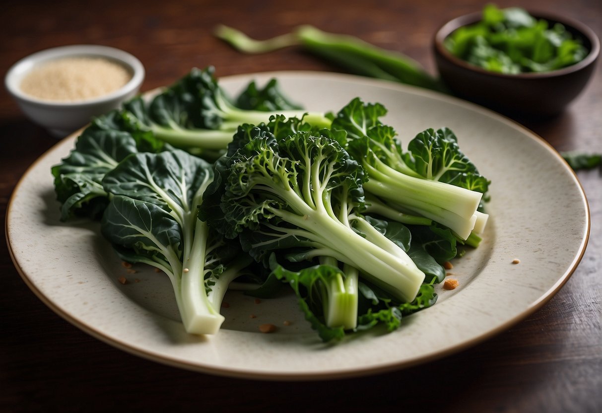 Chinese broccoli arranged on a plate, drizzled with soy sauce