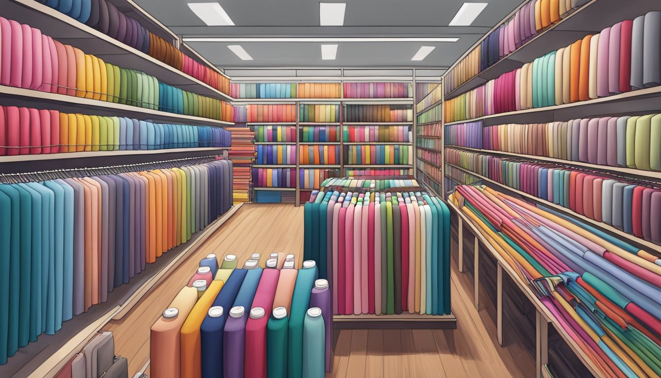 A bustling fabric store in Singapore, with shelves stacked high with colorful rolls of fabric, customers browsing and staff assisting