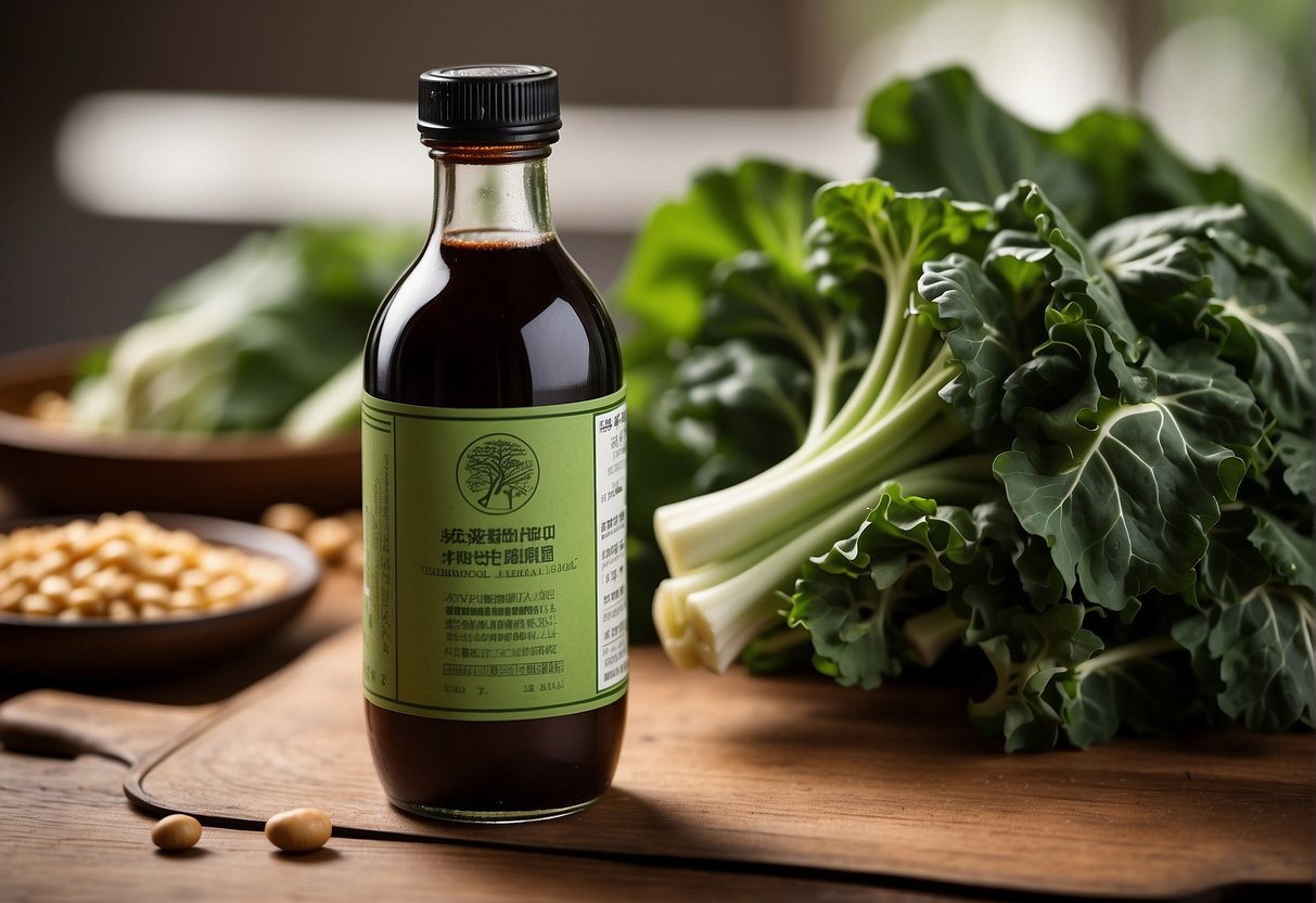 Fresh Chinese broccoli arranged next to a bottle of soy sauce, with a clear label displaying nutritional information