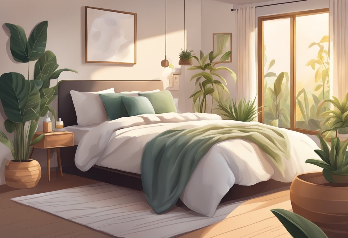 A serene bedroom with soft, warm lighting. A cozy bed with fluffy pillows and a plush blanket. A calming atmosphere with plants and essential oils