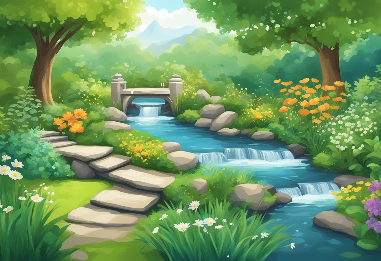 A serene garden with a flowing stream, lush greenery, and a peaceful atmosphere, surrounded by symbols of physical, mental, and emotional well-being